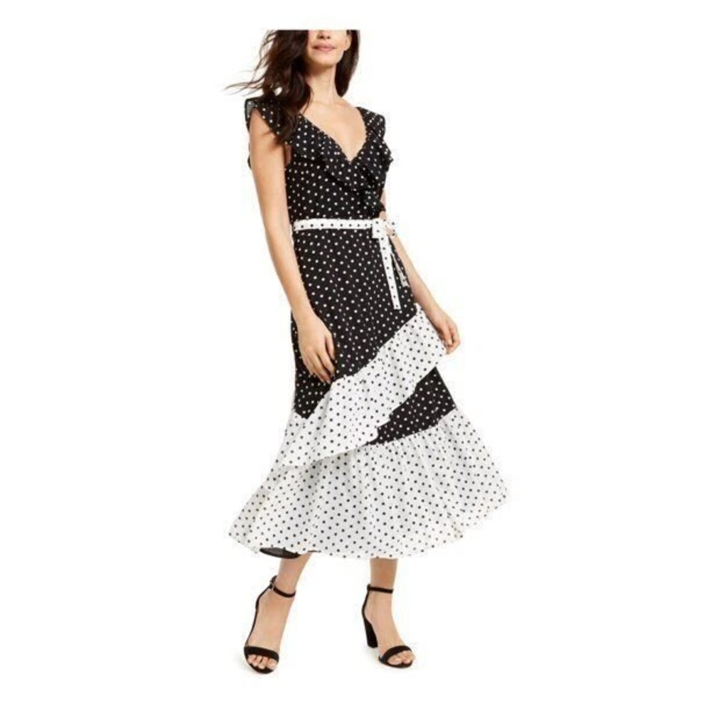 Q‎ + A Los Angeles Polka Dot Ruffle Tiered Midi Dress Black White XL
